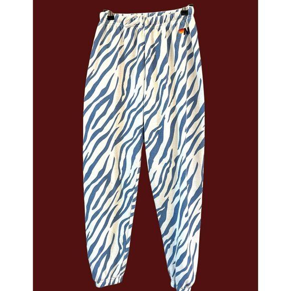 Avian Nation Women's Blue White Zebra Print Jogger Pants Small Loungewear - Picture 1 of 6